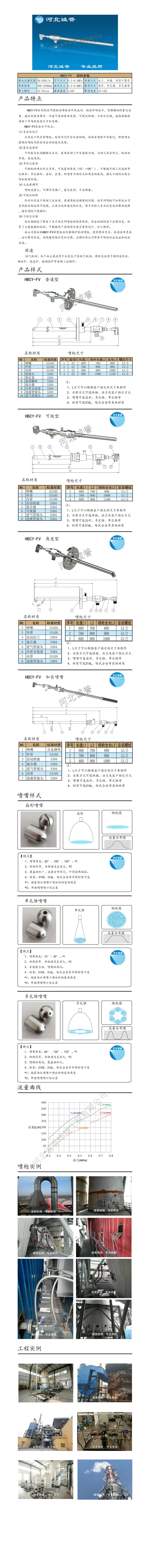 FV脫硝噴槍保護(hù)套、噴槍參數(shù)、材質(zhì)尺寸、流量分布圖、扇形空心錐俯視圖介紹，以及噴槍霧化視頻展示和工程案例介紹