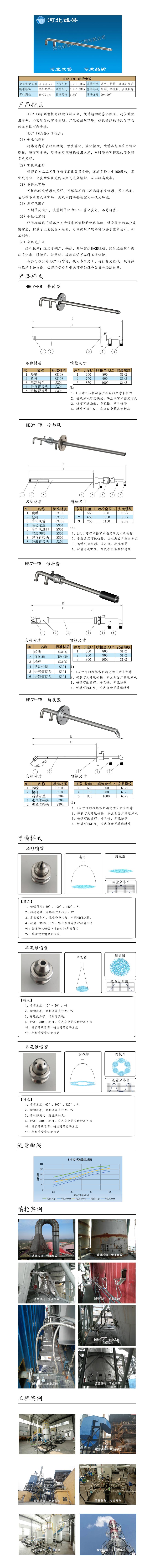 電廠脫硝噴槍保護(hù)套、噴槍參數(shù)、材質(zhì)尺寸、流量分布圖、扇形空心錐俯視圖介紹，以及噴槍霧化視頻展示和工程案例介紹